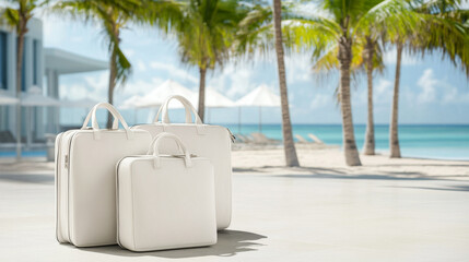 Naklejka premium Suitcases on tropical beach with palm trees and ocean, travel concept