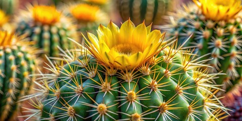 Obraz premium Close-up of a large cactus with sharp spines and vibrant yellow flowers blooming on its surface, flower, prickly, botanical