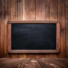 Empty chalkboard with wooden frame and concrete wall on background
