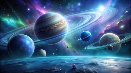 A Celestial Landscape Featuring Glowing Planets and Rings in a Vivid Nebula