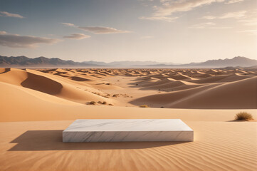 Fototapeta na wymiar Empty marble podium casting a shadow on the sand in a desert landscape
