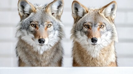 Fototapeta premium Coyotes, side-by-side portrait, white background, wildlife study