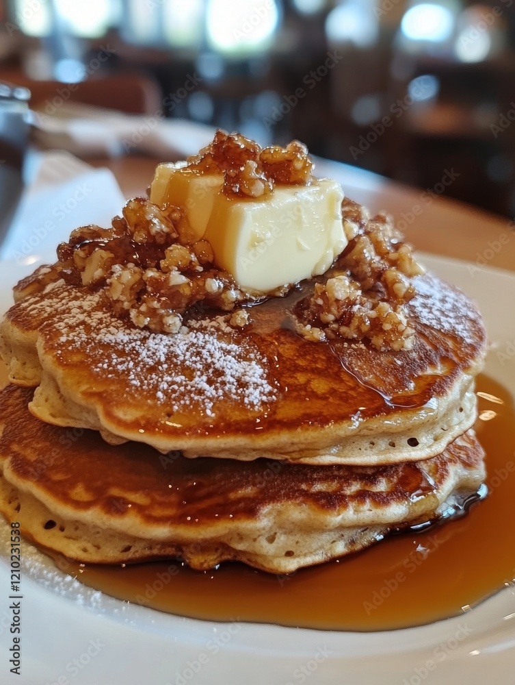 Poster Delicious stack of fluffy pancakes topped with butter and nuts served with maple syrup in a cozy restaurant setting