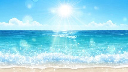 Tranquil blue sea gradient background fading into white near the horizon, reflecting sunlight.