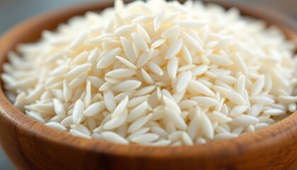 Close-up view of uncooked white rice grains filling a wooden bowl food