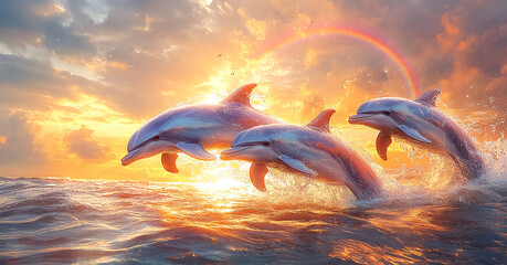 A flock of dolphins cheerfully jump out of the water and play in the ocean
