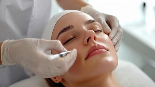 Woman receiving a dermal filler injection in a clinic Description: Close-up of a woman undergoing a dermal filler injection in a professional aesthetic clinic.