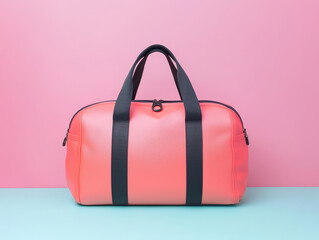 Chic gym duffel bag in vibrant coral color against pastel backdrop