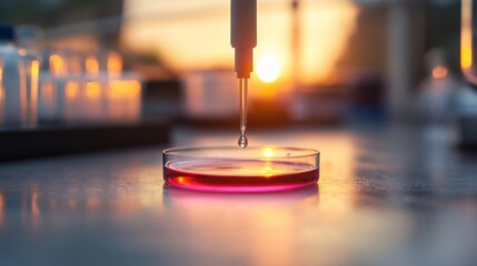 A pipette drips liquid into a petri dish, all set against a beautiful sunset backdrop, showcasing a blend of science and nature.