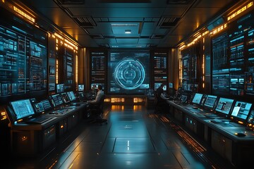 Futuristic control room with operators monitoring data on numerous screens.