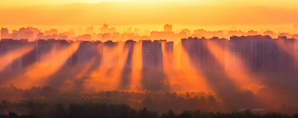 Sunrise rays city fog landscape