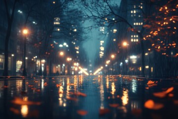 A calm city street with bright lamps illuminating the rain-soaked tarmac. Generative Ai