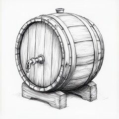 Detailed sketch of a wooden barrel with a tap showcasing craftsmanship and design