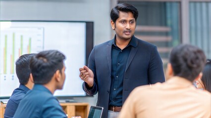 Fototapeta premium Indian business leader presenting business insights to a focused team in an office setting. 