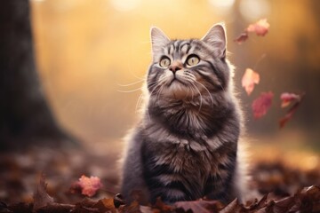 Portrait of a smiling australian mist cat isolated on bright and cheerful park background