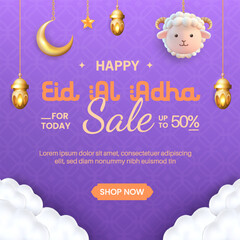 Eid al Adha celebration with a hanging sheep head, Arabic lantern, and a golden crescent moon with stars in 3D illustration.