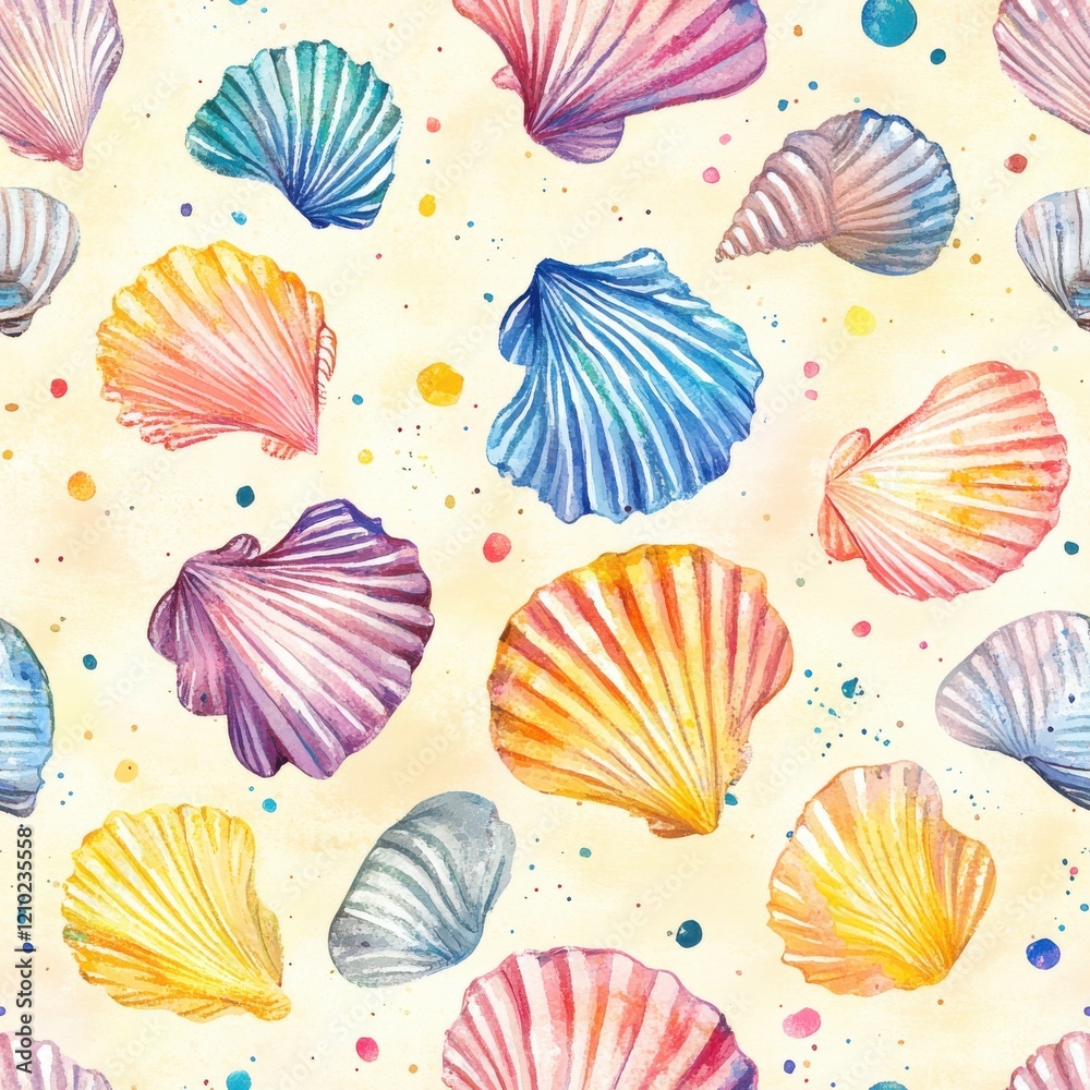 Poster vibrant watercolor pattern showcasing colorful seashells on a soft background