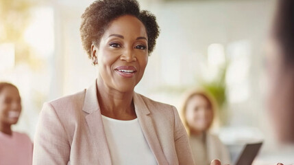 Business meeting with African American female manager discussing in office setting, gender equality concept, AI generated