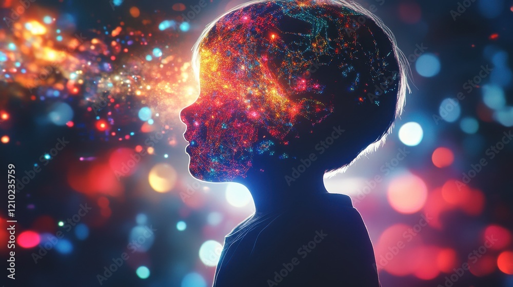 Poster Child's glowing imagination sparks wonder in a colorful, cosmic visualization at twilight