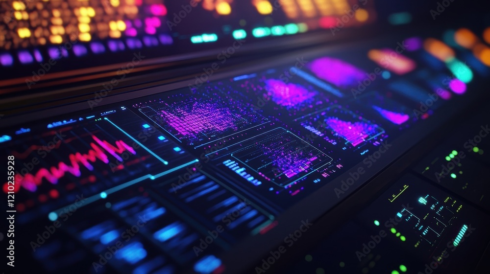 Poster glowing control panel featuring vibrant charts and graphs, visualizing intricate data within a cutti