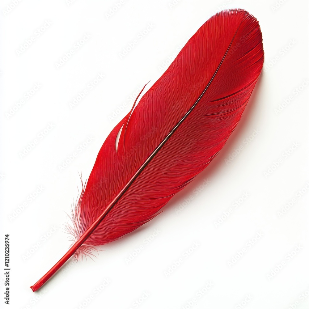 Poster vibrant cardinal feather resting gracefully against a plain background showcasing its intricate stru
