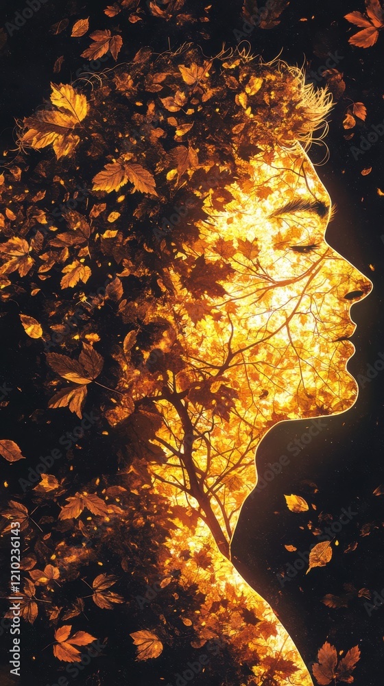 Aufkleber vibrant portrait of a man with glowing features surrounded by autumn leaves and artistic elements at
