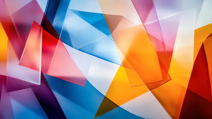 Obraz premium Bright geometric background with layered shapes in primary hues, transparent overlaps