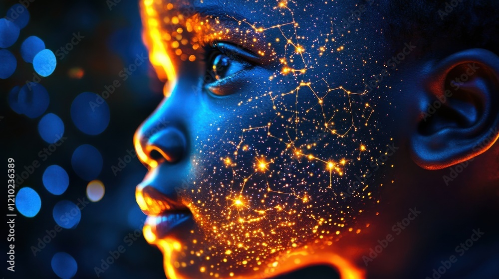 Aufkleber A child's face illuminated with vibrant colors and glowing patterns against a dark background in a captivating moment of wonder