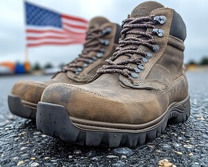 Sturdy brown leather boots on asphalt with blurred American flag background.