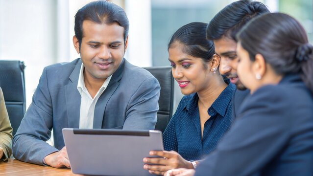 Indian professionals collaborating and sharing new ideas in a business meeting.	

