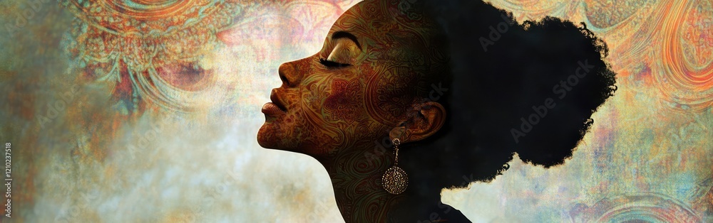 Poster surreal representation of a glowing woman with intricate patterns illuminating her profile against a