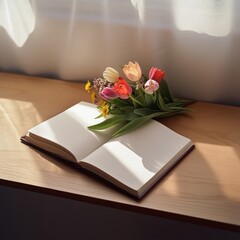 A small bouquet of wildflowers and tulips rests atop an open journal on a desk, illuminated by the warm glow of morning sunlight, symbolizing beauty and empowerment for Women's Day