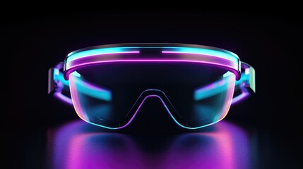 Futuristic smart headset with neon lights and digital holograms, representing trends and innovations in virtual reality. No people.