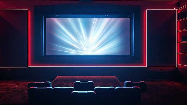 Cinema theater with movie scene on wide screen and empty chairs in the cinema hal