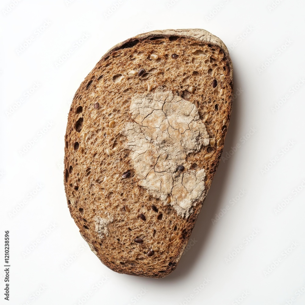 Poster Slice of rye bread with visible seeds on a plain background showcasing texture and detail in food presentation