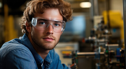 A young male engineer is concentrating on machinery in a laboratory setting. He is wearing safety glasses and has a thoughtful expression while observing the equipment around him.