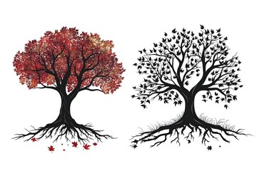 Fototapeta premium Set of tree and leaf collection hand drawn flat design vector element. botanical set of bare trees and ones with leaves and lush green. Illustration of Eucalyptus tree isolated on white
