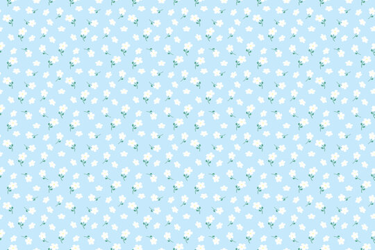 seamless small white flowers pattern on light blue background 