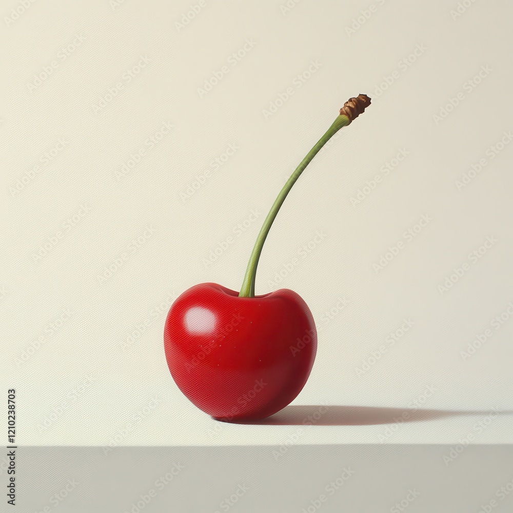 Poster glossy red cherry sits elegantly on a simple surface, showcasing fresh fruit's vibrant color and nat