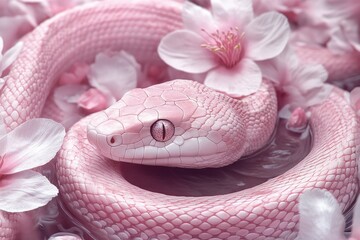 Fototapeta premium Pink Snake Among Delicate Pink Blossoms