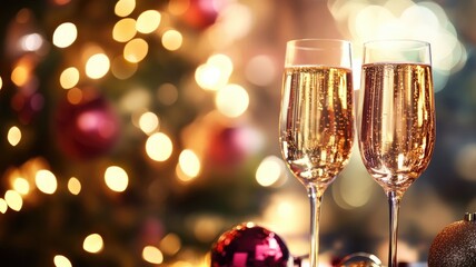 Two champagne glasses with blurred festive background and decorations