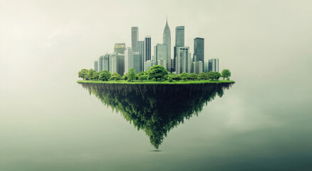 A unique floating city appears suspended above the ground, featuring modern skyscrapers amidst lush greenery. The scene is enveloped in a misty atmosphere, enhancing the surreal effect.