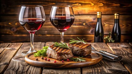 A romantic dinner for two with grilled steaks and a rich glass of red wine on a modern wooden table, fine dining, fine cuisine