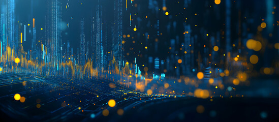A stock market graph with blue and yellow accents on a dark background