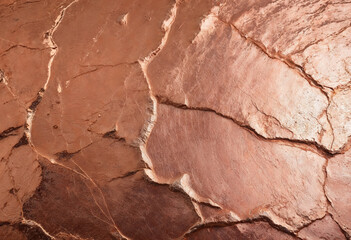 Fototapeta premium A close-up view of a textured copper surface with natural cracks and a warm metallic sheen, exuding rustic elegance and industrial charm.