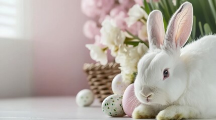 Obraz premium Cute white easter bunny relaxing near a basket of colorful eggs and spring flowers
