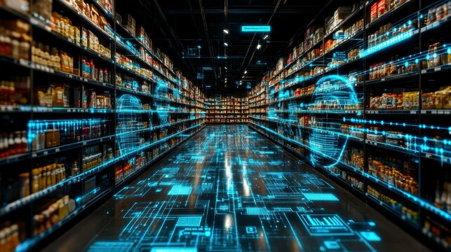 Futuristic Smart Grocery Store with Digital Data Overlay on Shelves and Floor
