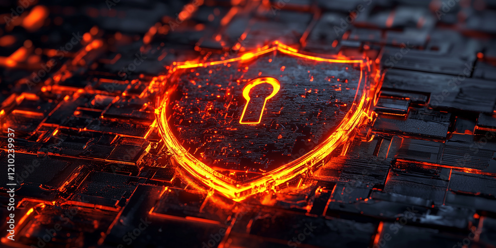 Poster glowing cybersecurity shield on abstract digital background representing data protection and online 