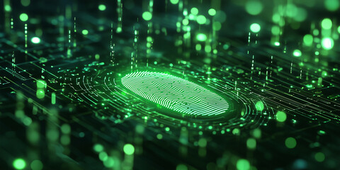 Futuristic Digital Fingerprint Technology with Abstract Green Background and Data Streams Representing Cybersecurity and Biometrics