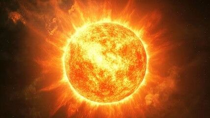 Bright, fiery Sun emitting glowing solar radiation in space